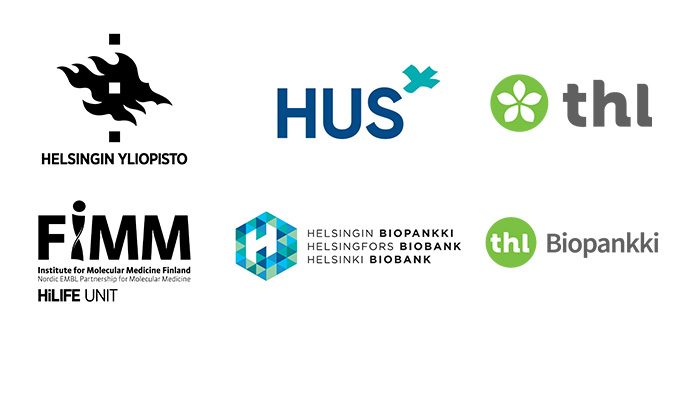 Vastuuorganisaatioiden logot: Helsingin yliopisto/FIMM, HUS/Helsingin biopankki ja THL/THL biopankki.