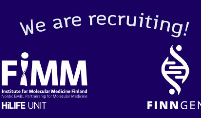 Texten "We are recruiting"  med blå bakgrund, FinnGen och FIMM logon