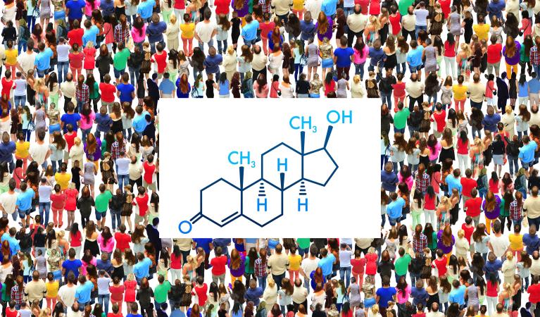 En stor folkmassa i färgglada kläder och testosteronets molekylstruktur