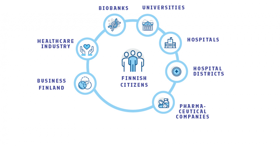 A graph where citizens are at the center, surrounded by FinnGen partners and stakeholders: pharma companies, hospital districts, hospitals, universities, biobanks, healthcare industry and Business Finland.