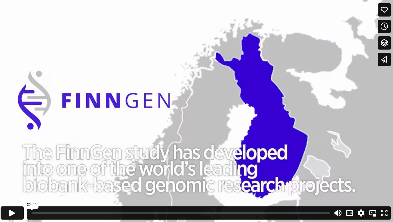 FinnGen-videon kansikuva, jossa Suomen kartta ja FinnGenin logo.