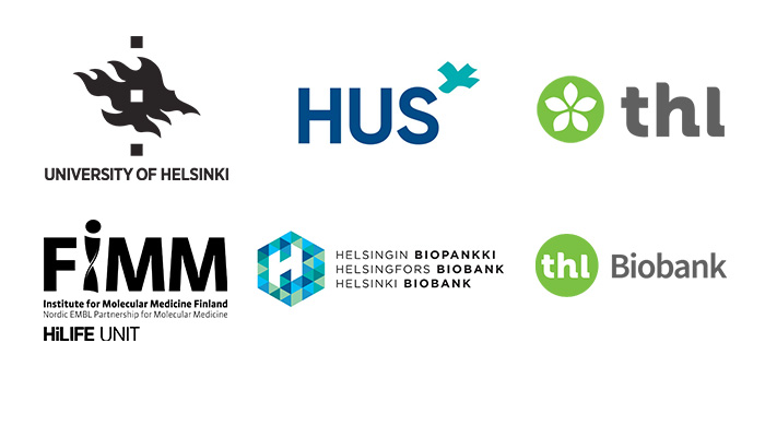 Logos of the coordinating organizations: University of Helsinki/FIMM, HUS/Helsinki Biobank, THL/THL Biobank