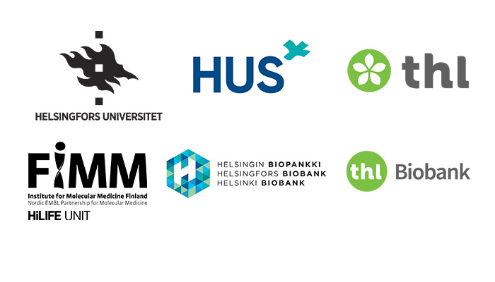 Logotyper för projektets ansvariga organisationer: Helsingfors Universitet/FIMM, HUS/Helsingfors Biobank, THL/THL Biobank