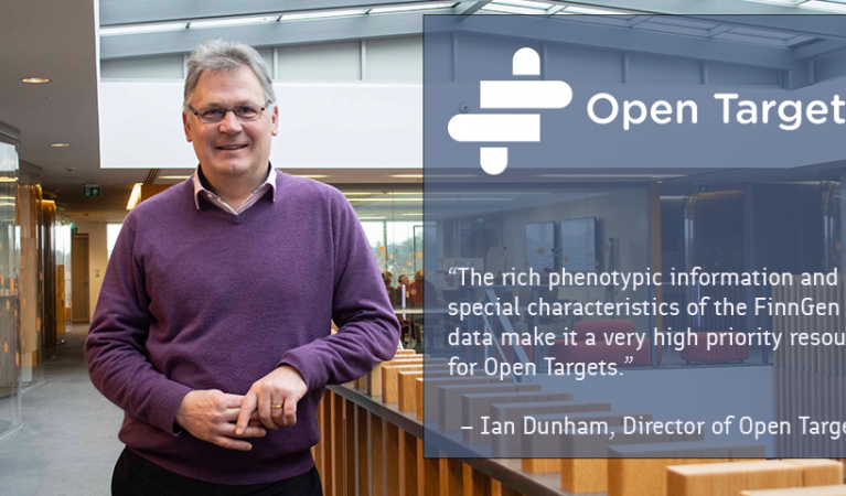 A photo of Ian Dunham, the Director of Open Targets, and the following quote: "The rich phenotypic information and special characteristics of the FinnGen data make it a very high priority resource for Open Targets". 