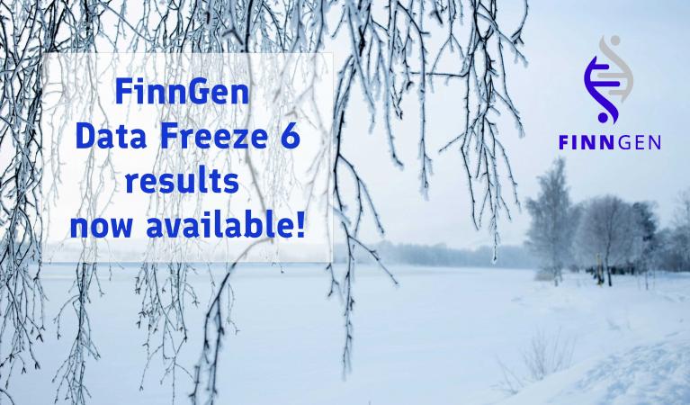 Winter landscape with the FinnGen logo and the text: "FinnGen Data Freeze 6 results now available".