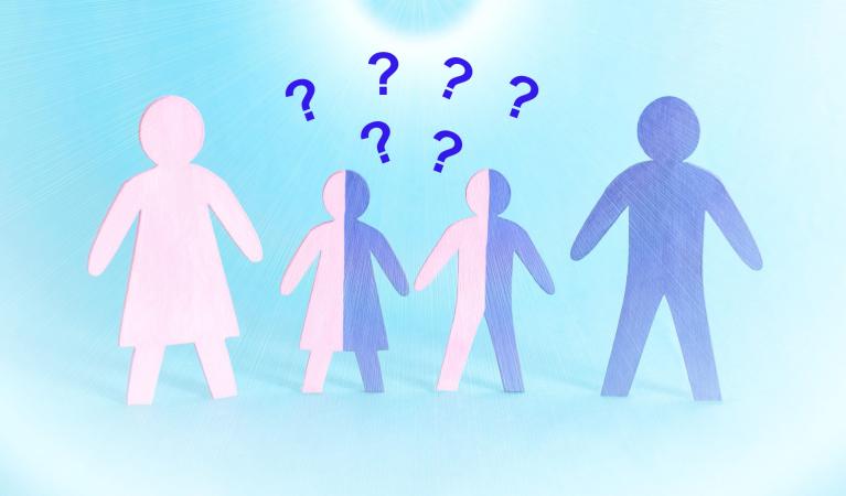 A drawing of a family with two children, showing the classical inheritance model, with question marks on top.