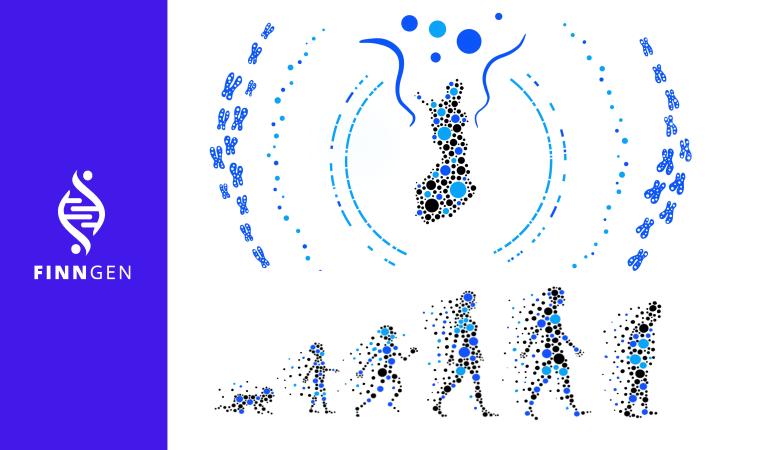 A map of Finland with chromosomes surrounding it, and human figures representing all stages of human lifespan.
