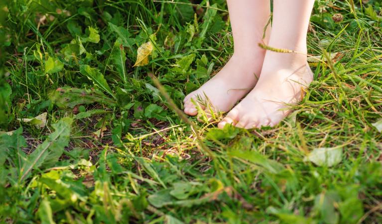Tyttö seisoo paljain jaloin pitkäksi kasvaneella nurmikolla, vain jalat näkyvät.