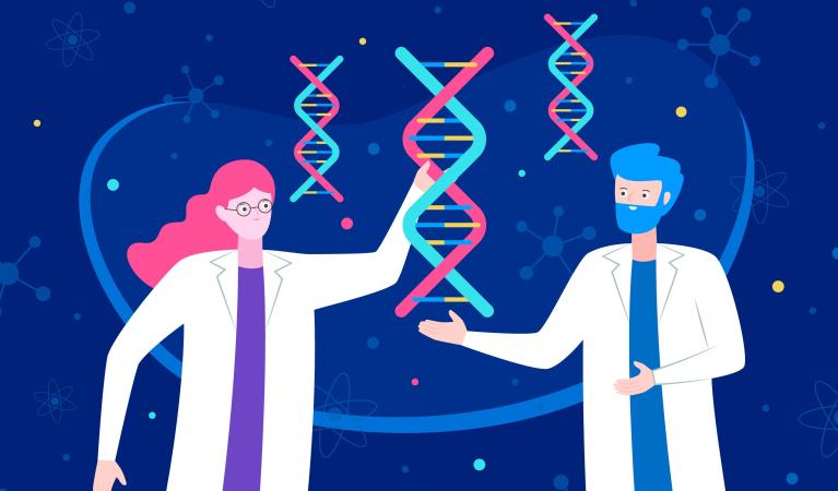 Kaksi tutkijaa, jotka pitävät käsissään DNA-molekyyliä. 