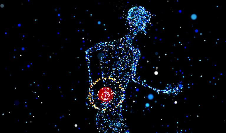 An abstract human figure with a red glowing sphere at the lower back.