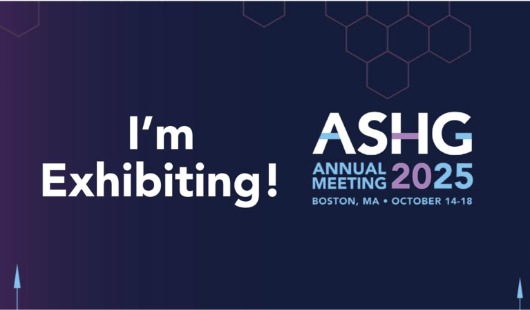 Logo of the ASHG 2025 conference and the text "I'm exhibiting" on a purple background.