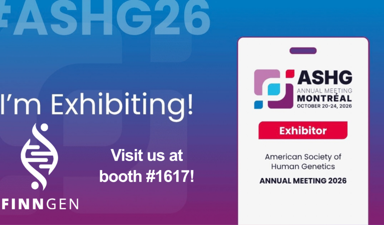 Promotional graphic for ASHG 2026 featuring the FinnGen logo on a blue-to-purple gradient background. Large text reads “I’m Exhibiting!” and “Visit us at booth #1617!”. A badge-style illustration on the right displays the ASHG Annual Meeting Montreal logo, the word “Exhibitor,” and the text “American Society of Human Genetics Annual Meeting 2026.” The hashtag “#ASHG26” appears prominently in the background.