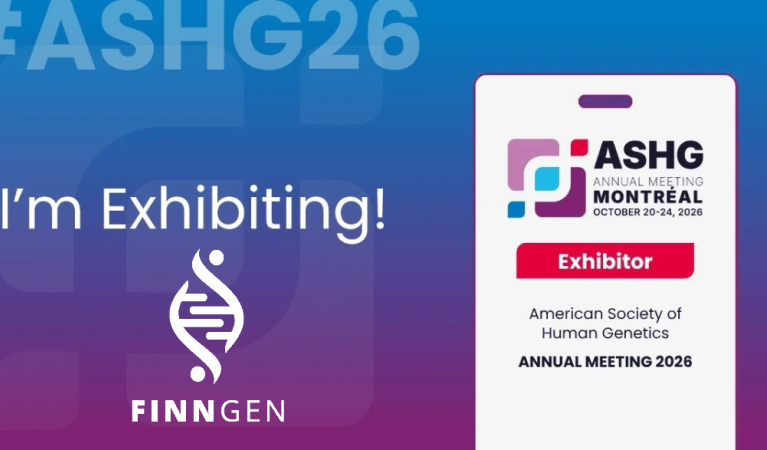 Promotional graphic for Finngen exhibiting at the ASHG Annual Meeting 2026 in Montréal, October 20–24, 2026. The graphic features the Finngen logo and the ASHG Annual Meeting exhibitor badge against a blue-to-purple gradient background