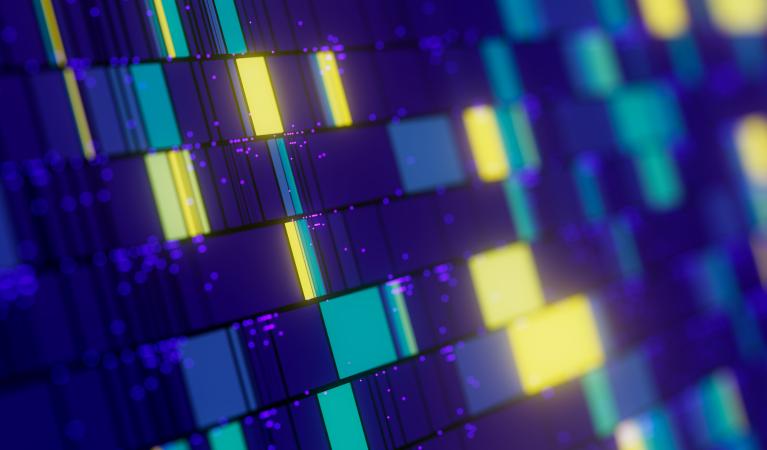 Abstract digital illustration of DNA-like sequences represented by rows of coloured rectangular blocks and fine lines, with glowing purple, blue, turquoise and yellow elements against a dark blue background.