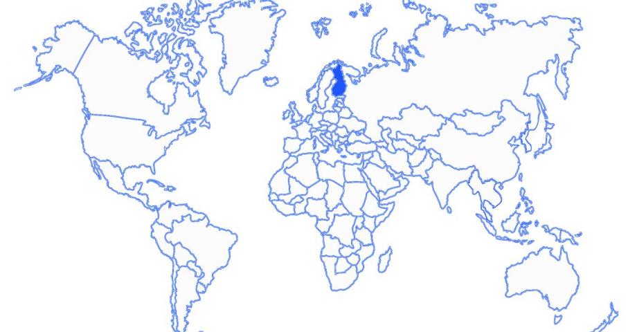 World map highlighting Finland with blue color