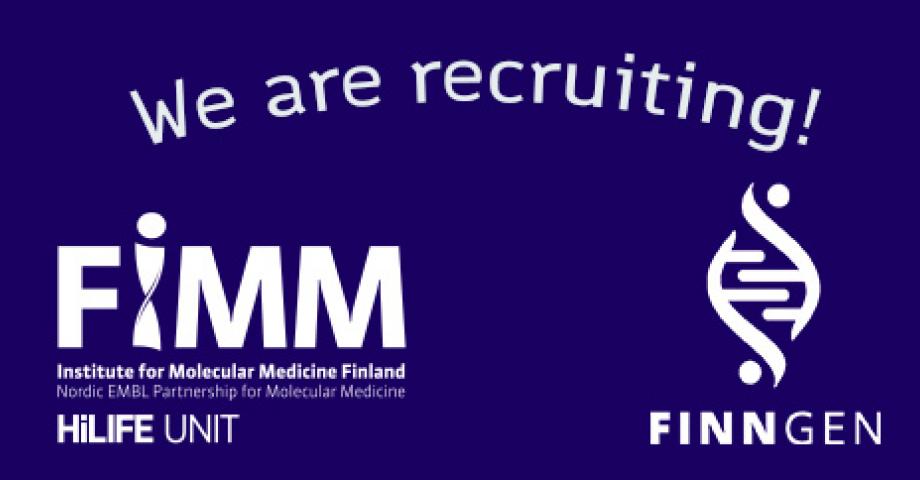 "We are recruiting" teksti sinisellä pohjalla, FinnGen ja FIMM logot