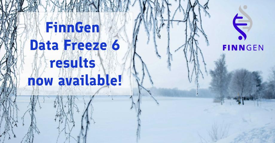 Winter landscape with the FinnGen logo and the text: "FinnGen Data Freeze 6 results now available".