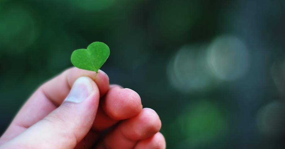 Ihminen pitelee sydämenmuotoista vihreää lehteä sormiensa välissä.