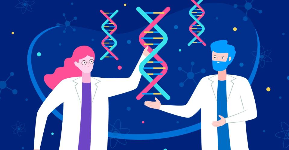 Två forskare med DNA-molekyler. 
