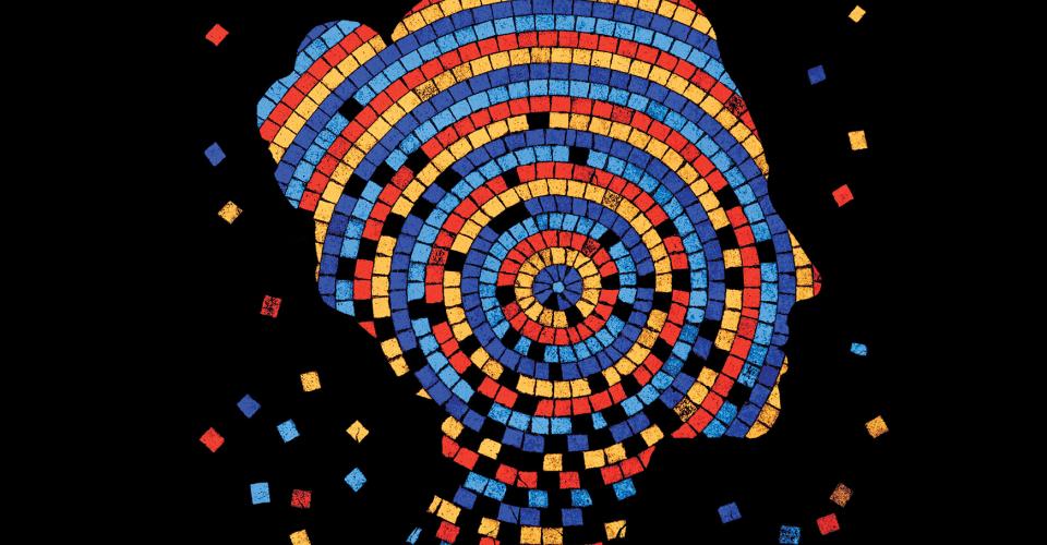 En profil av en kvinna gjord av färgglada mosaikbitar.