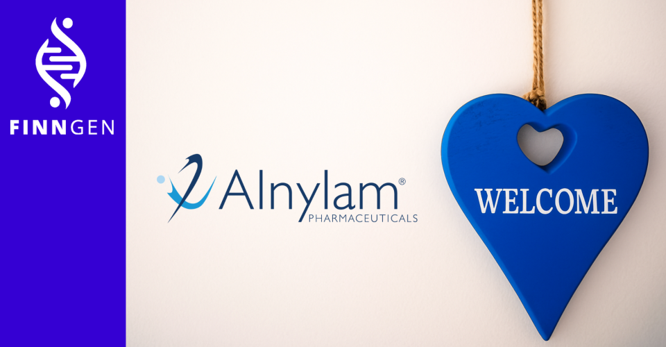 The image features the FinnGen logo on a purple background, the Alnylam Pharmaceuticals logo in the center, and a blue heart-shaped sign with the word “WELCOME” on the right.