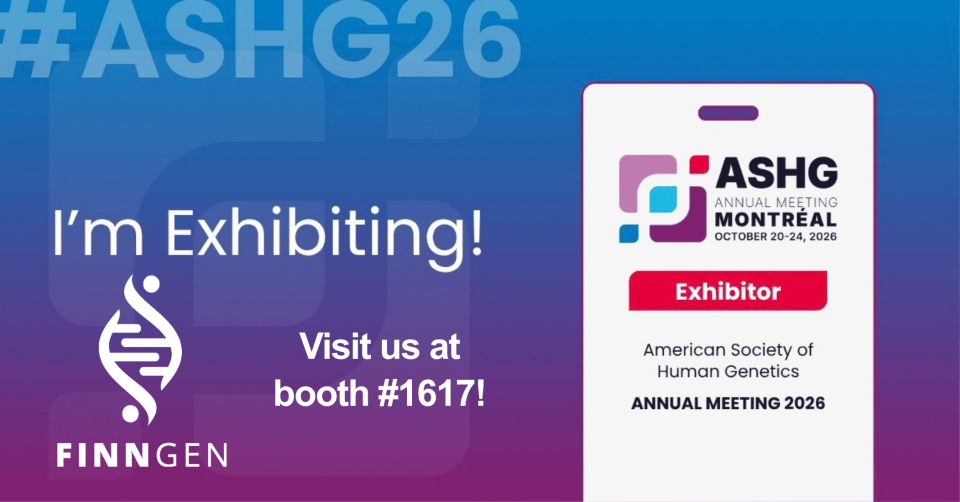 Promotional graphic for ASHG 2026 featuring the FinnGen logo on a blue-to-purple gradient background. Large text reads “I’m Exhibiting!” and “Visit us at booth #1617!”. A badge-style illustration on the right displays the ASHG Annual Meeting Montreal logo, the word “Exhibitor,” and the text “American Society of Human Genetics Annual Meeting 2026.” The hashtag “#ASHG26” appears prominently in the background.