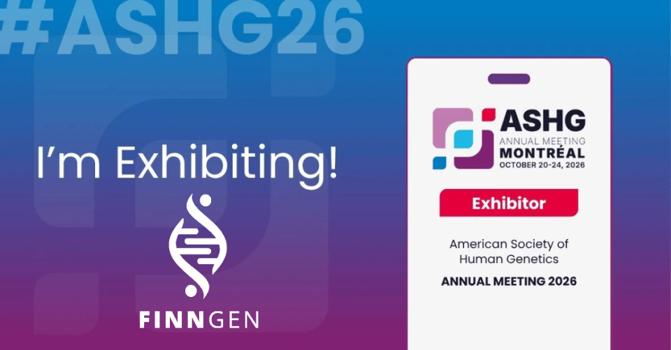 Promotional graphic for Finngen exhibiting at the ASHG Annual Meeting 2026 in Montréal, October 20–24, 2026. The graphic features the Finngen logo and the ASHG Annual Meeting exhibitor badge against a blue-to-purple gradient background