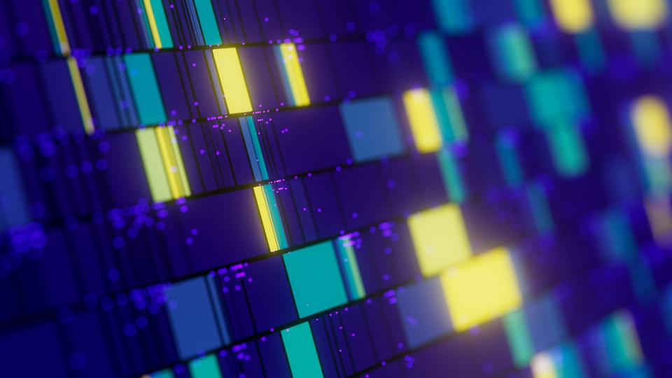 Abstract digital illustration of DNA-like sequences represented by rows of coloured rectangular blocks and fine lines, with glowing purple, blue, turquoise and yellow elements against a dark blue background.