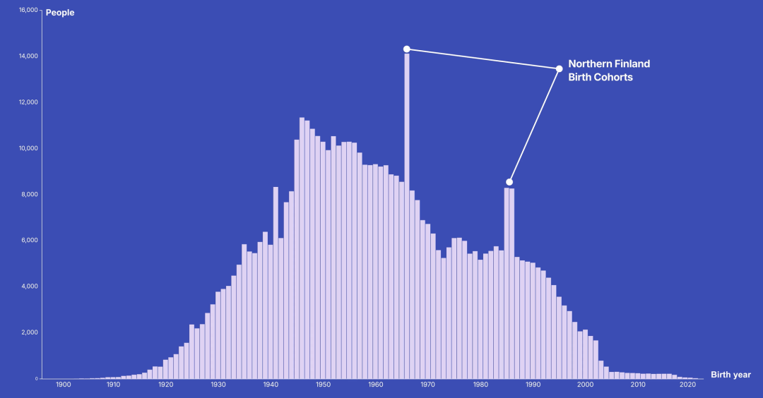 Age distribution of the FinnGen cohort, highlighting two birth year peaks due to the Northern Finland Birth Cohort.