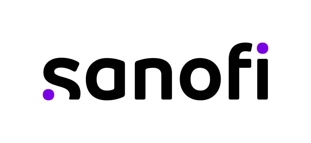 Sanofi-logotypen med företagets namn skrivet i mörk typografi, där bokstaven ‘s’ avslutas med en lila punkt och bokstaven ‘i’ har en lila prick