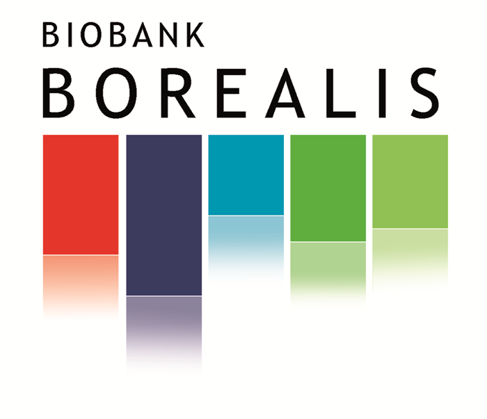 Biobank Borealis logo featuring the text 'BIOBANK BOREALIS' in black uppercase letters above five vertical rectangular bars in red, dark blue, teal, green, and light green, each with a subtle mirrored reflection below