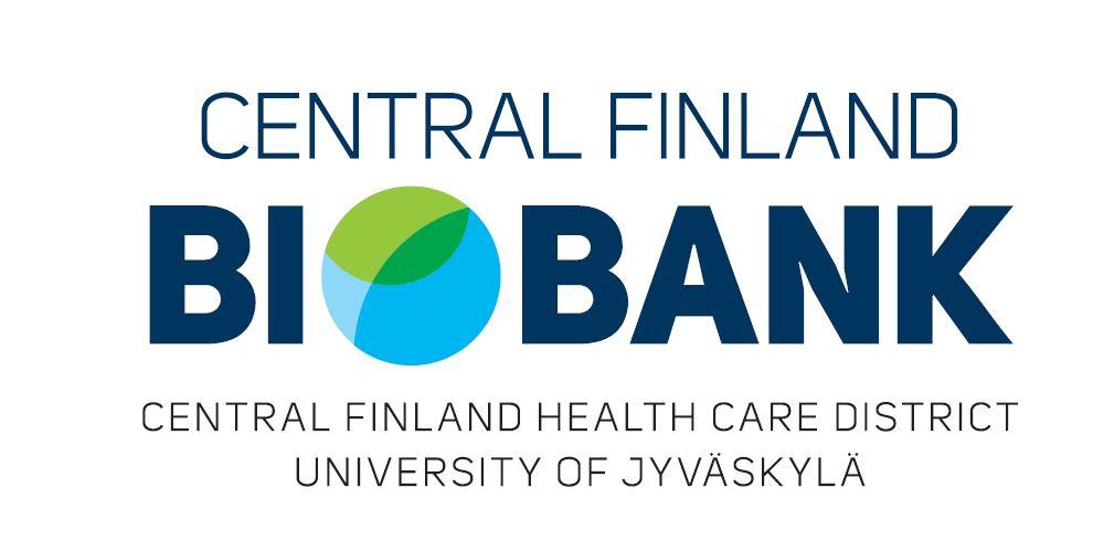 Logo of the Central Finland Biobank featuring the organization name, with a blue-green sphere integrated into the letter ‘o’ in ‘biobank