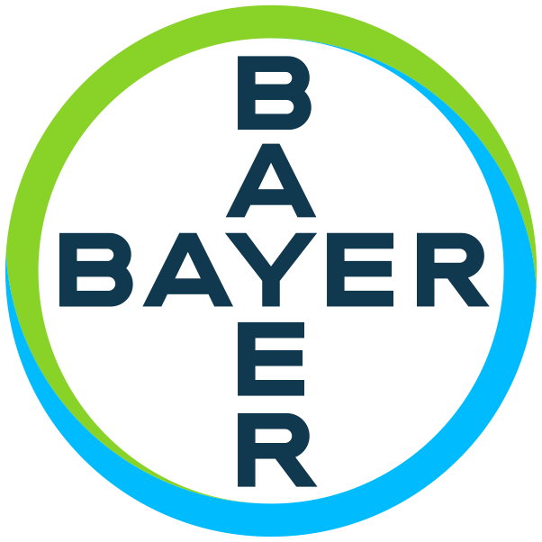 Logo, jossa teksti "BAYER" on näkyvissä kahdesti, niin että sanat kulkevat pysty- ja vaakasuunnissa ja risteävät siten, että Y on niiden yhteinen kirjain keskellä. Sanojen muodostamaa ristiä ympyröi vihreän ja sinisen värinen rinki
