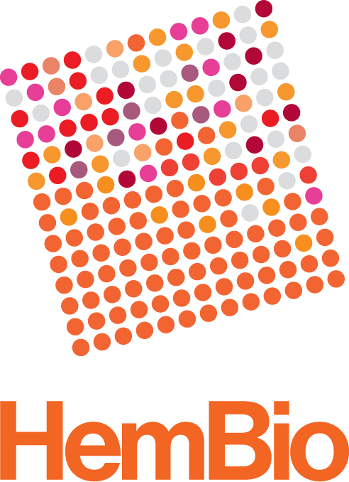 Abstract pattern made of colored dots with the text 'HemBio' in orange
