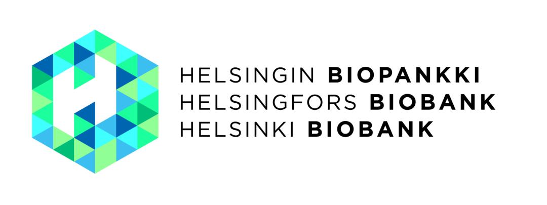 Helsingin biopankin logo, jossa vihreän ja sinisen sävyistä muodostuva kolmiulotteinen kuutio ja sen sisällä kirjain ‘H’, sekä sen vieressä teksti ‘Helsingin biopankki / Helsingfors biobank / Helsinki Biobank’ kolmella rivillä