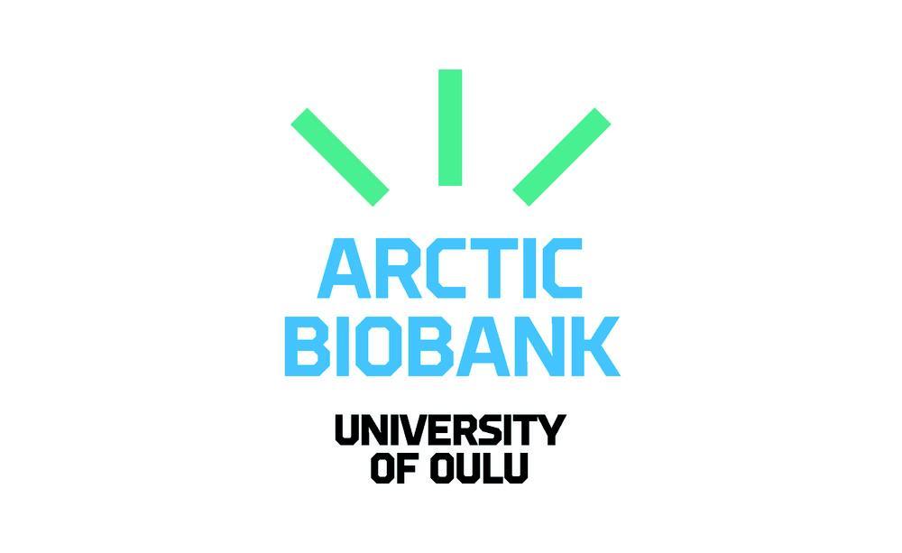 Logo of Arctic Biobank featuring three light green narrow rectangles arranged in an arc above the text; the name ‘Arctic Biobank’ is centered in bright light blue, with ‘University of Oulu’ displayed below in smaller black typography