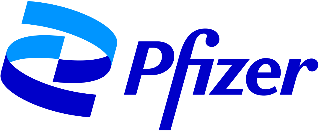 Pfizer-logotypen med företagets namn i blå modern typografi och en stiliserad, spiralformad symbol som representerar vetenskap och innovation