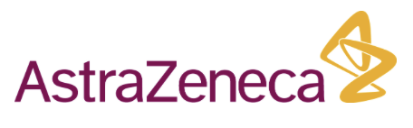 AstraZeneca-logotypen med företagets namn i mörkblå och lila modern typografi samt en stiliserad, svepande linjesymbol som representerar rörelse och vetenskap