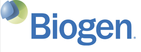 Biogen logo, jossa teksti "Biogen" on kirjoitettu sinisellä ja vasemmassa yläkulmassa on vihreän ja sinisen sävyinen pallo, josta on irroitettu yhden neljäsosan kokoinen pala kuorta hiukan koholle pallon pinnasta