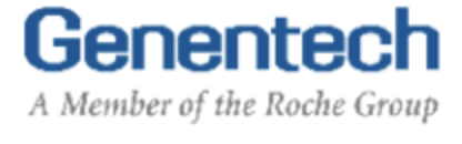 Logossa teksti "Genentech" on ylimpänä ja tummansinisellä, sen alla on pienemmällä ja harmaalla teksti "A Member of the Roche Group"