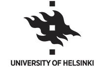 Musta liekkimäinen tunnus ja teksti 'University of Helsinki' vaalealla taustalla