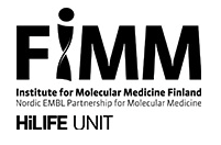 FIMM-logotypen med svart text ‘FIMM’, där bokstaven ‘I’ är formad som en DNA-spiral. Under logotypen finns mindre text: ‘Institute for Molecular Medicine Finland’ och ‘HILIFE UNIT