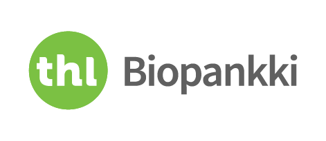 THL Biopankin logo, jossa on vihreä ympyrä ja sen sisällä pienillä valkoisilla kirjaimilla ‘thl’, ympyrä on sijoitettu sanan ‘Biobank’ vasemmalle puolelle, joka on kirjoitettu harmaalla sans-serif-fontilla