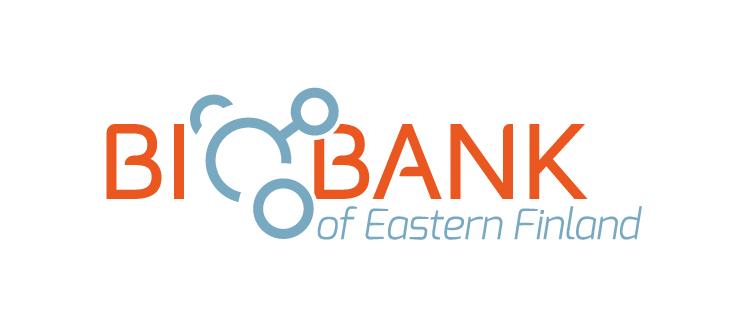 Biobank of Eastern Finland logo featuring the word 'BIOBANK' in orange uppercase letters, with a blue stylized molecular structure integrated into the text, and the phrase 'of Eastern Finland' in smaller light blue italic text below