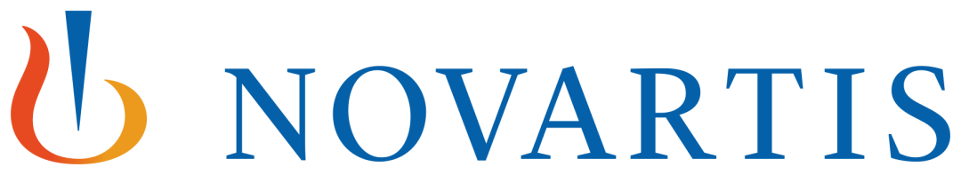 Novartis-logotypen med företagets namn i blå modern sans-serif-typografi och en stiliserad symbol som föreställer en abstrakt låga ovanför texten