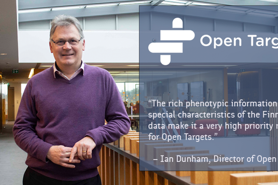 A photo of Ian Dunham, the Director of Open Targets, and the following quote: "The rich phenotypic information and special characteristics of the FinnGen data make it a very high priority resource for Open Targets". 