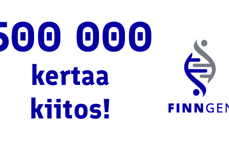 Text "500 000 kertaa kiitos" och FinnGen logo.