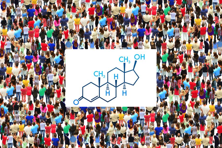 A big crowd of people and the molecular structure of testosterone.