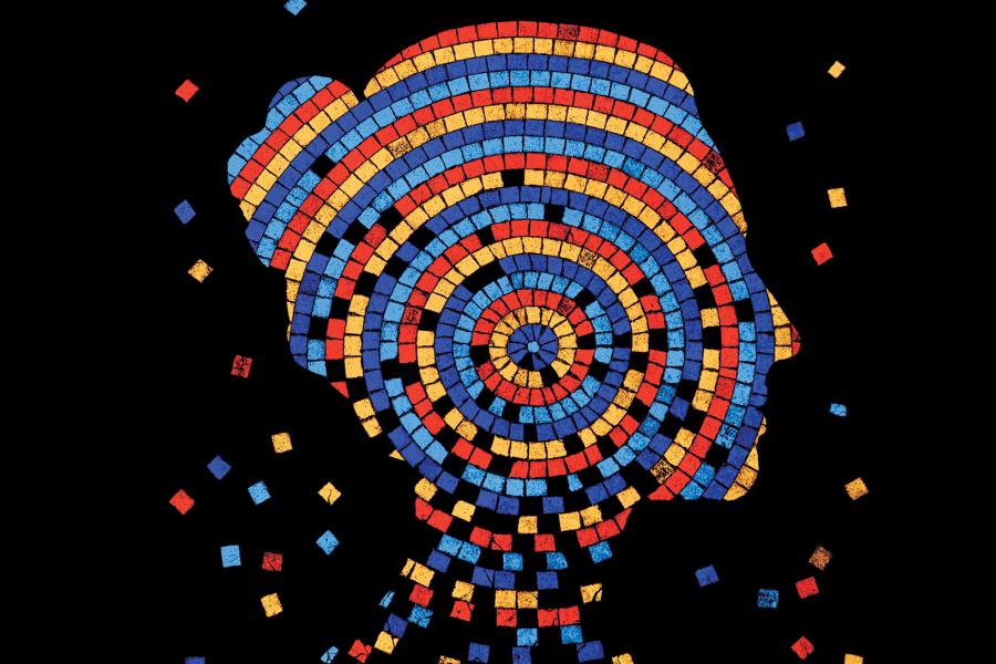 En profil av en kvinna gjord av färgglada mosaikbitar.