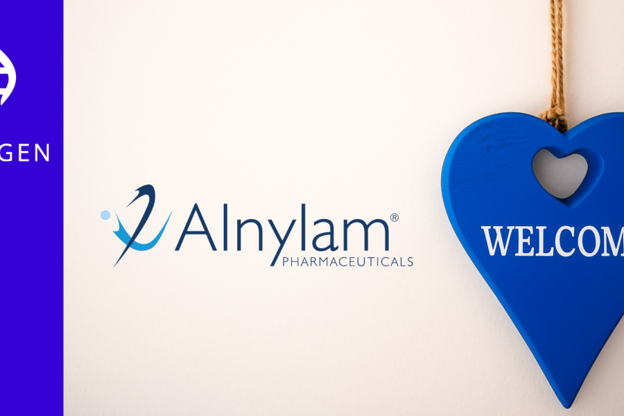 The image features the FinnGen logo on a purple background, the Alnylam Pharmaceuticals logo in the center, and a blue heart-shaped sign with the word “WELCOME” on the right.